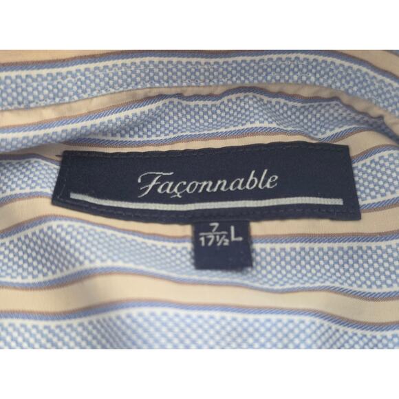 Faconnable Dress Shirt 17.5 L Blue Cream Stripe 100% Cotton Made in USA Button - Picture 4 of 7